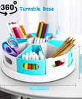 360 Degree Rotating Desk Organizer With 9 Deep Bins, 12 Inch Lazy Susan Turntable holding pens, pencils, and scissors on a desk