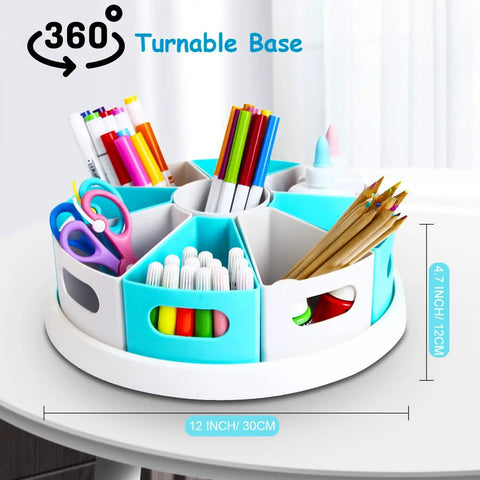 360 Degree Rotating Desk Organizer With 9 Deep Bins, 12 Inch Lazy Susan Turntable holding pens, pencils, and scissors on a desk
