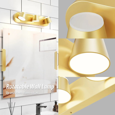 Gold rotatable wall lamp above bathroom mirror with up and down illumination, detailed view of light heads and fixture design.