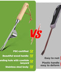 Comparison of Weed Puller Tool With Metal Leverage Base And V Shaped Forks, featuring stainless steel and wood handle vs plastic handle