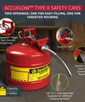 Heavy Duty Galvanized Steel Gasoline Safety Can With Slick Squeeze Lever And Zero Stress Flow Control For Rough Job Site Transfers And Mechanic Bay Runs In Bold Red with flexible metal hose.