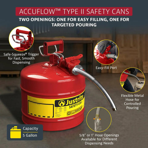 Heavy Duty Galvanized Steel Gasoline Safety Can With Slick Squeeze Lever And Zero Stress Flow Control For Rough Job Site Transfers And Mechanic Bay Runs In Bold Red with flexible metal hose.