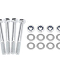 Four silver bolts, nuts, and washers for One Inch Front Leveling Lift Kit And Heavy Duty Strut Spacers To Drop The Sag And Raise The Bar For Chevy Silverado 1500 And Gmc Sierra 1500 Pickup Trucks 2007 Through 2019.