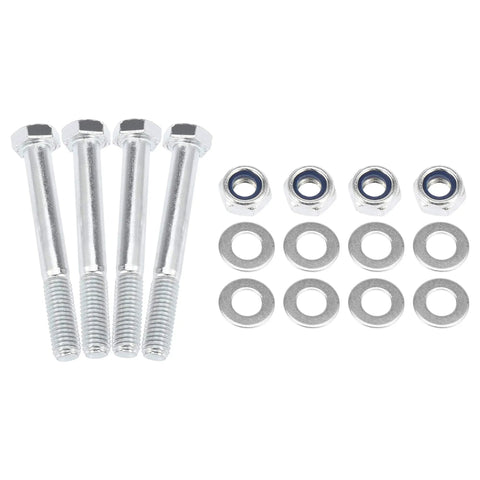 Four silver bolts, nuts, and washers for One Inch Front Leveling Lift Kit And Heavy Duty Strut Spacers To Drop The Sag And Raise The Bar For Chevy Silverado 1500 And Gmc Sierra 1500 Pickup Trucks 2007 Through 2019.