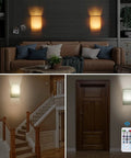Set Of Two Cordless Wireless Wall Light With Remote Battery Operated Sconce RGB Vibe Lamps With Fabric Shade Wall Reading Light For Bedroom Living Room Hallway Dimmer Control mounted in various rooms, showing lighting effects.