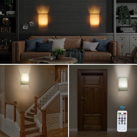 Set Of Two Cordless Wireless Wall Light With Remote Battery Operated Sconce RGB Vibe Lamps With Fabric Shade Wall Reading Light For Bedroom Living Room Hallway Dimmer Control mounted in various rooms, showing lighting effects.