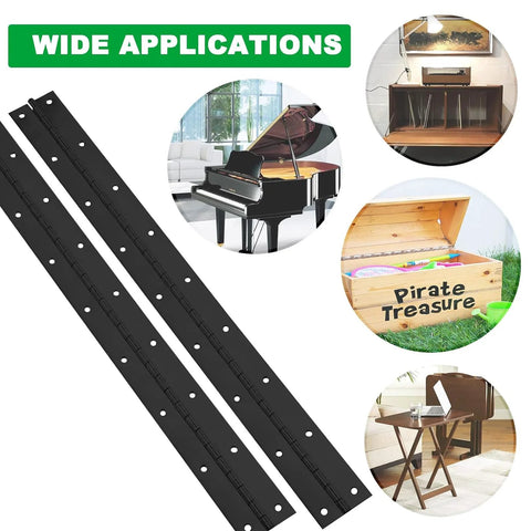 2-pack black stainless steel piano hinges, 20 in long, 2 in open width, with holes.
