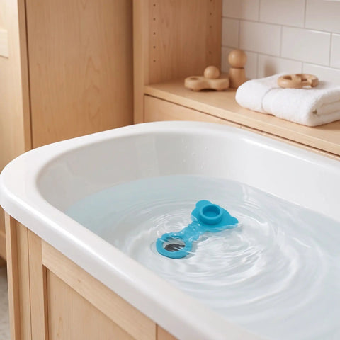 Silicone Bathtub Plug Stopper for Bath Tubs Blue floating in water inside a modern bathtub, showing smooth surface and design.