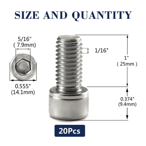 Twenty Pack Of Three Eighth Inch By One Inch Socket Head Cap Screws And Rock Solid Bolts Made From Premium 304 Stainless Steel With Full Thread And Allen Hex Drive Built Tough For Heavy Work Without Rust Nonsense size details