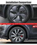 Installation comparison of Ride Ready 4 Piece Wheel Covers For Tesla Model Y Juniper 19 Inch on vehicle before and after fitting.