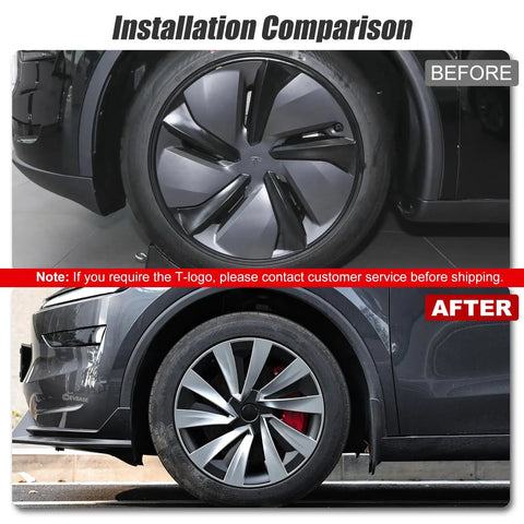 Installation comparison of Ride Ready 4 Piece Wheel Covers For Tesla Model Y Juniper 19 Inch on vehicle before and after fitting.