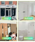 Shop, bedroom, office, and bathroom settings showcasing various door installations.