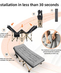 Installation steps for Portable Camping Cot With Thick Mattress, showing foldable frame and removable mattress, gray color.