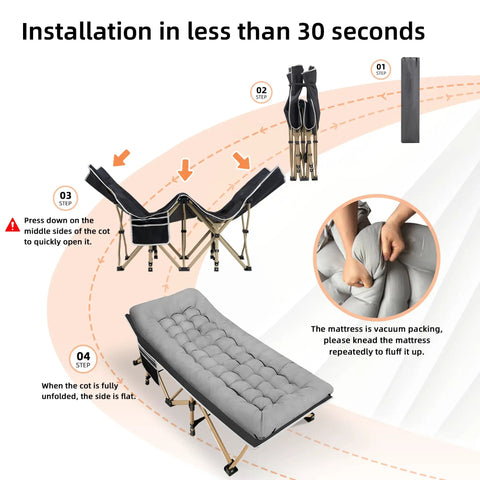 Installation steps for Portable Camping Cot With Thick Mattress, showing foldable frame and removable mattress, gray color.