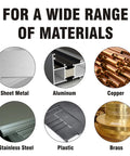 Image displaying compatible materials for Industrial HSS Step Drill Bit: sheet metal, aluminum, copper, stainless steel, plastic, brass.