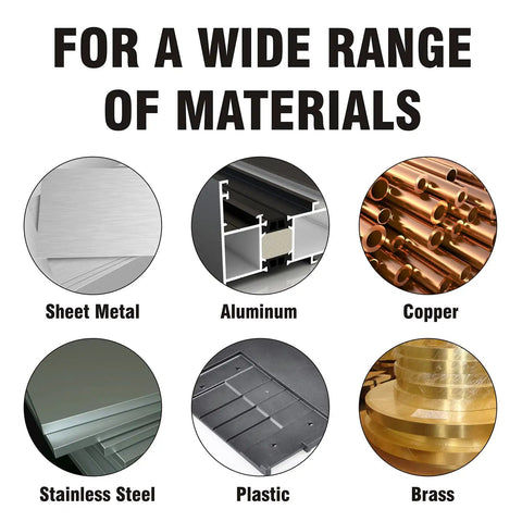 Image displaying compatible materials for Industrial HSS Step Drill Bit: sheet metal, aluminum, copper, stainless steel, plastic, brass.