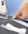 One Roll No Sew Hemming Tape With Heat Fusible Bonding being applied with an iron on fabric for quick clothing hemming repair