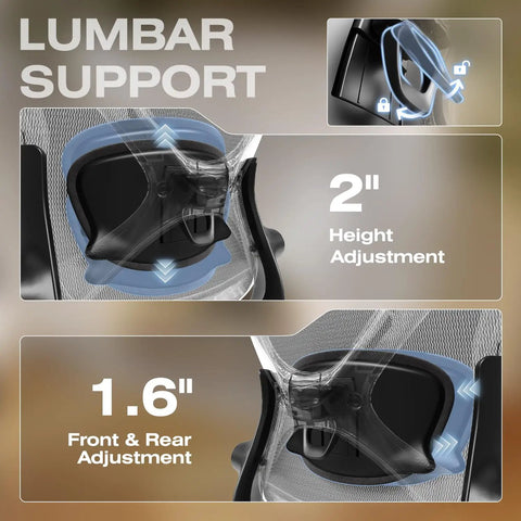 X100 Ergonomic Mesh Office Chair With Footrest showing lumbar support adjustments for height and depth.