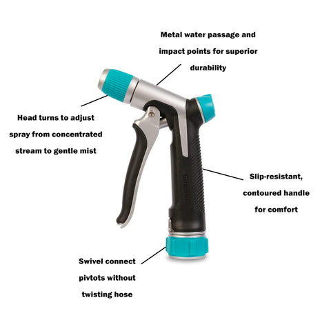 Front Control Garden Hose Nozzle With Adjustable Spray Pattern, Ergonomic Non Slip Grip, "One Hand Trigger Lock, Built To Last Metal Sprayer for Lawn, Garden, and Yard Care.