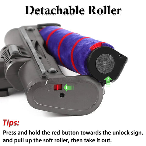 Close-up of detachable soft roller on Soft Roller Vacuum Head For Cordless Dyson V7 V8 V10 V11 V15 Hardwood Floor Attachment Universal Fit