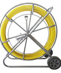 Heavy Duty 12mm Fiberglass Fish Tape With Reinforced Steel Core Non Conductive Cable Puller and Conduit Rodder on wheeled metal frame.