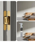 Heavy Duty Six Inch Hidden Door Hinges Two Pack Three Way Adjustable Invisible Concealed Hardware With Sleek Gold Finish, showing open and closed positions.