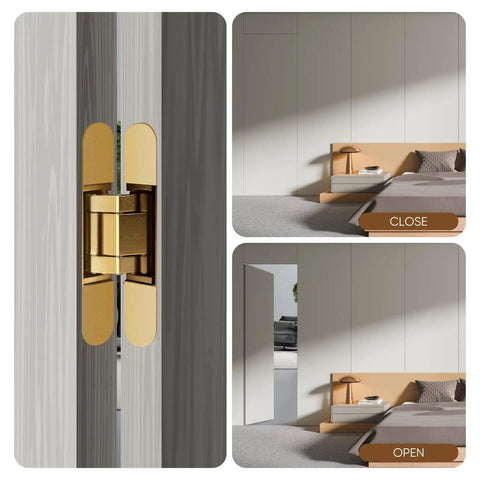 Heavy Duty Six Inch Hidden Door Hinges Two Pack Three Way Adjustable Invisible Concealed Hardware With Sleek Gold Finish, showing open and closed positions.