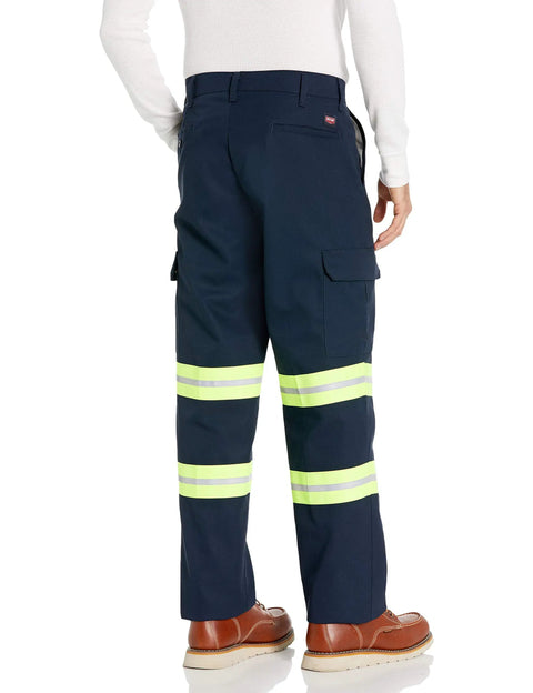 Men Navy Blue High Visibility Industrial Cargo Pants Tough Durable Press Daily Grind Ready Safety Trousers fluoro trim back view