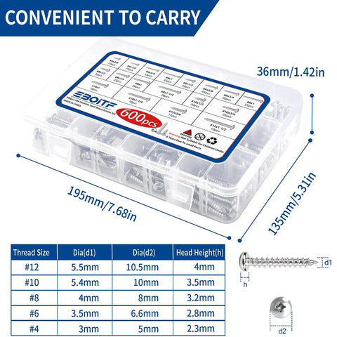600 Piece 304 Stainless Steel Wood Screws Set With 18 Sizes Self Tapping Phillips Pan Head For Wood And Sheet Metal Sizes Four Through Twelve Lengths From Three Eighths Inch To One And A Half Inches Silver in a plastic box