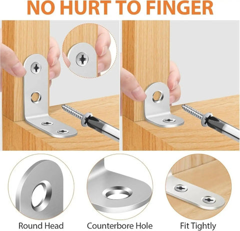 Hella Sturdy Stainless Steel Shelf Brackets, L Shaped Corner Mounts With Hardware, shown attaching securely to wood for heavy-duty builds.