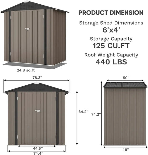 Product dimensions and details of 6x4 Ft Outdoor Metal Storage Shed With Lockable Door And Sloping Roof For Patio And Lawn Backyard.