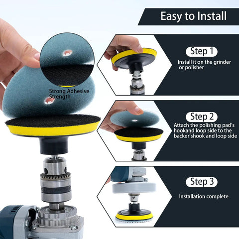 Step-by-step installation of 4 Inch Diamond Wet Polishing Pads Kit With Backer Pad 50 to 6000 Grit for drill grinder.