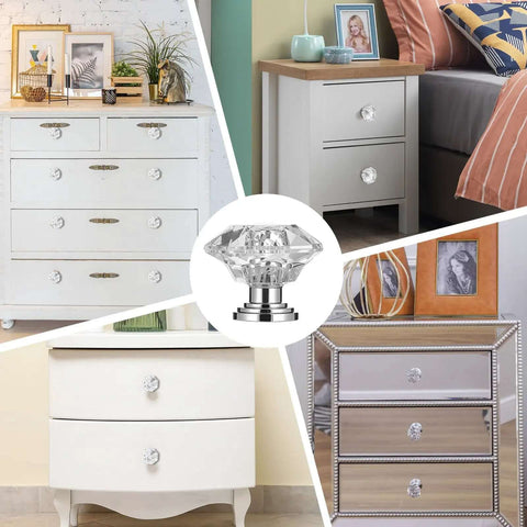 20 Pack Crystal Cabinet Knobs for Cabinets and Drawers, Diamond Shaped Silver Pull Handles on various dressers and furniture