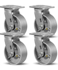 Four 5x2 inch cast-iron swivel caster wheels with mounting plates (set of 4)