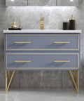 Bathroom vanity with gold hardware and legs, gray cabinets, elegant design