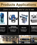 Various woodworking machines including trimmer, electric wood milling, router, engraving machine for different shank sizes.
