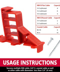 Sihai 10 Pack Hammer In Insulated Cable Staples, Heavy Duty Multi Cable Stacker For Romex Coaxial Cat5 Nm Cable With Nails And Screws For Wood Or Metal Studs, Flame Retardant Red, Keeps Wires Tidy And Secured close-up of red cable staple with usage instructions.
