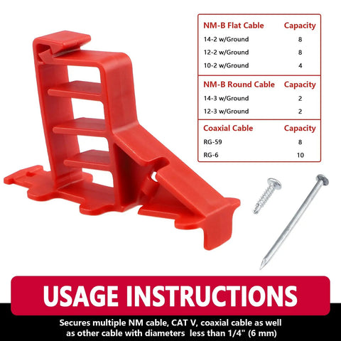 Sihai 10 Pack Hammer In Insulated Cable Staples, Heavy Duty Multi Cable Stacker For Romex Coaxial Cat5 Nm Cable With Nails And Screws For Wood Or Metal Studs, Flame Retardant Red, Keeps Wires Tidy And Secured close-up of red cable staple with usage instructions.