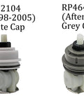 Delta Monitor 1700 Series RP32104 Cartridge Assembly Replacement for Dual Function Bath Tub and Shower Faucet Valve 1998 to 2005 DIY Friendly Easy Install No Sweat Upgrade with white and grey cap comparison.