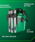 Cordless 18V Wet Dry Vacuum Bare Tool, showing eco/boost mode, pressclean button, 8 ft hose, lightweight with 1.6 gallon capacity.