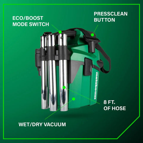 Cordless 18V Wet Dry Vacuum Bare Tool, showing eco/boost mode, pressclean button, 8 ft hose, lightweight with 1.6 gallon capacity.
