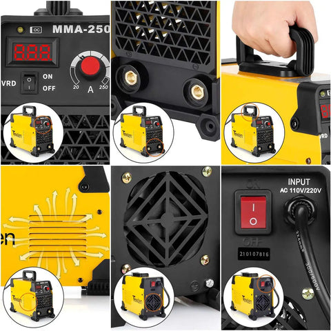 250A Arc Welder Kit With All In One Dual Voltage 110 220V Inverter Stick Welder VRD Hot Start panel and handle details