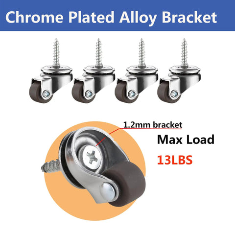 Hassle Free Mount Heavy Duty Brown Mini Caster Wheels With M4X15 Screws Dead Silent TPR Swivel Feet with chrome plated bracket.