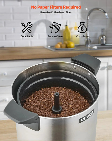 Big-Batch Coffee Urn 60 Cup 9 Liter Hot Beverage Dispenser With Dripless Faucet Fast Brew Stainless Steel Large Coffee Maker open top view