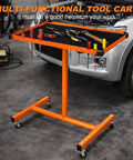 Rock Solid Portable Rolling Work Table With Adjustable Telescoping Post 37.7 To 45 Inches, Tool Tray On Wheels, 200 Pound Capacity For Shop Garage DIY Projects, Orange in garage setting.