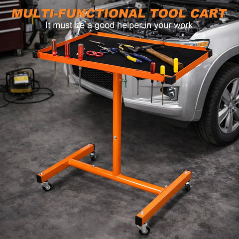 Rock Solid Portable Rolling Work Table With Adjustable Telescoping Post 37.7 To 45 Inches, Tool Tray On Wheels, 200 Pound Capacity For Shop Garage DIY Projects, Orange in garage setting.