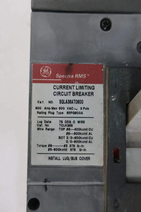 Pro Grade Heavy Duty Three Pole Six Hundred Amp Circuit Breaker Featuring Spectra Rms Series label detailing specs and usage.