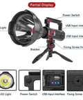 Beast Bright 900000 Lumen Rechargeable Handheld Spotlight With Tripod Mount USB Output IPX5 Waterproof features
