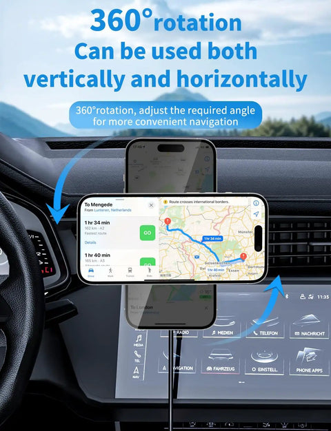 3 In 1 Wireless Car Mount Charger With RGB LED Handsfree Magnetic Phone Holder displaying GPS navigation in car dashboard.