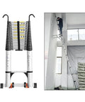 Telescoping Ladder 27.9 Ft With Adjustable Sections And Removable Hooks For Roof Access Attic Work Exterior Maintenance And Warehouse Tasks Heavy Duty Aluminum Construction For Versatile Indoor Outdoor Use, folded with hooks and used indoors